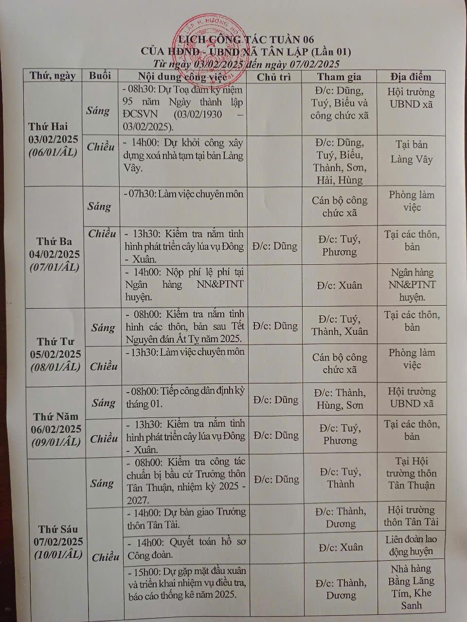 LỊCH CÔNG TÁC TUẦN 06
